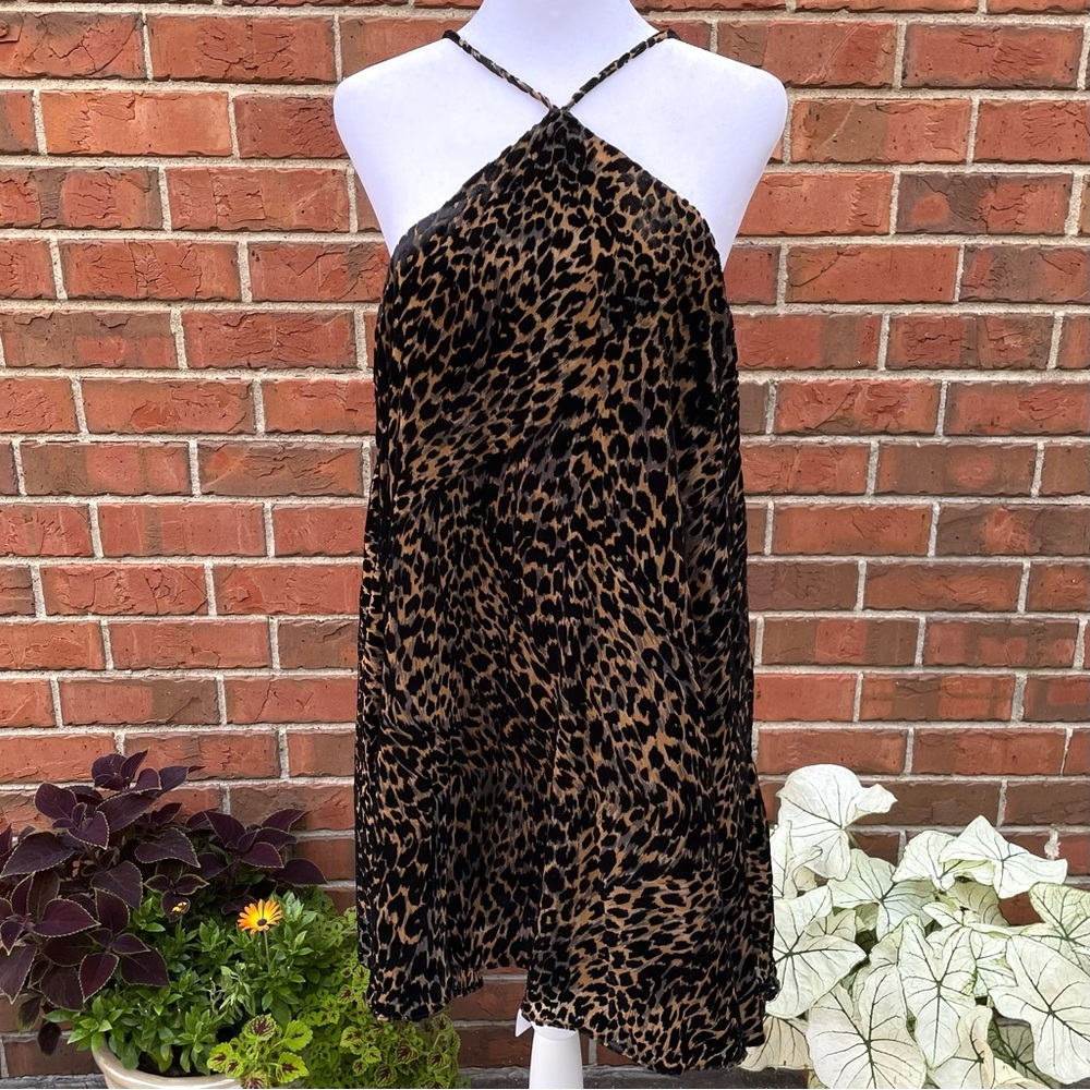Leopard Velvet Sheer Shift Dress Black/Brown Women’s M Strap Dress Hook Clasp